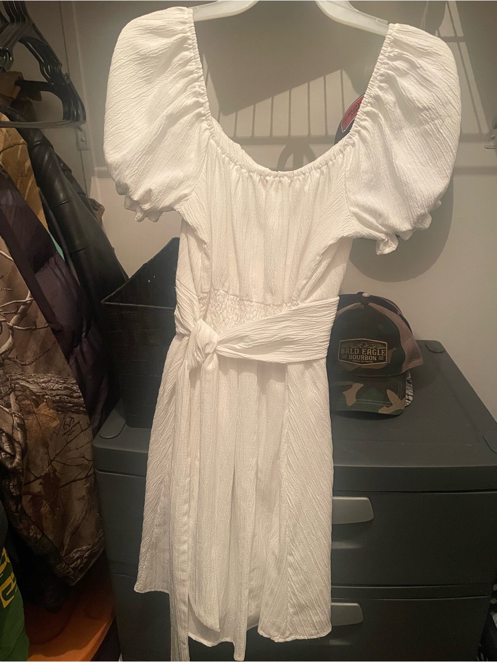White Puff-Sleeve Mini Dress with Crisscross Waist - Picture 2 of 4